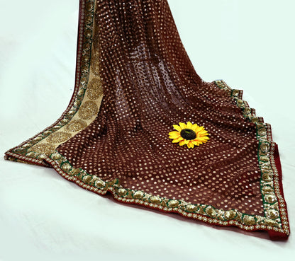 Indian New Saree Brown Mesh/Net Hand Embroidered Sabyasachi Designer Sari 6Yd Soft Ethnic Bollywood Party saree With Blouse Fabric
