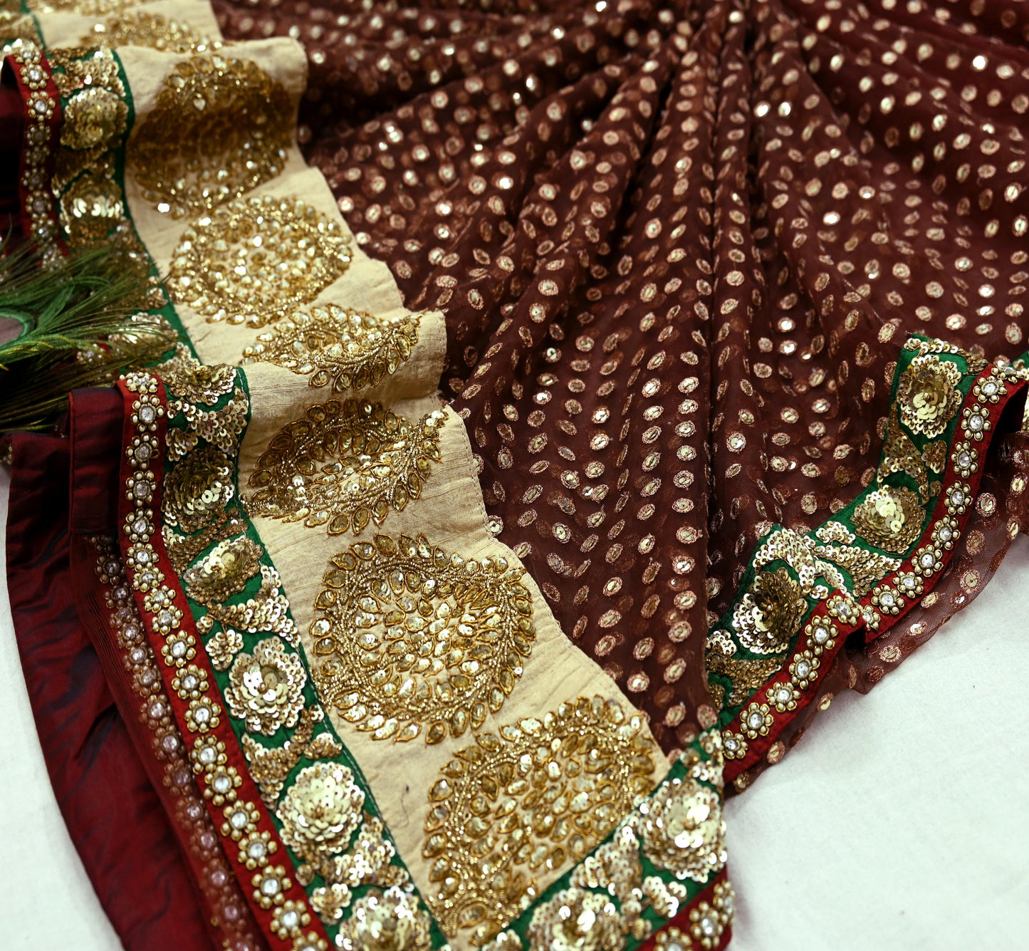Indian New Saree Brown Mesh/Net Hand Embroidered Sabyasachi Designer Sari 6Yd Soft Ethnic Bollywood Party saree With Blouse Fabric