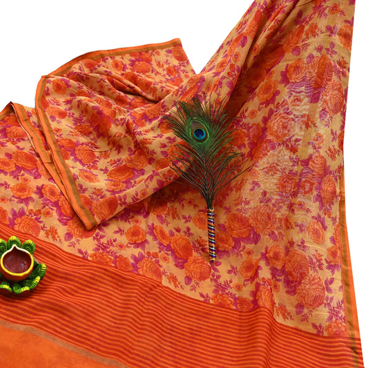 Indian Vintage Pure Chanderi Silk Saree | Block Printed Floral Design, Zari Border | 5 Yards |  Craft Fabric for Upcycling, Dressmaking