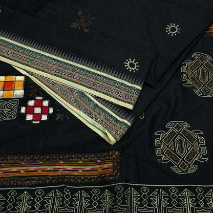 Indian Vintage Black Pure Silk Hand-Painted Woven Saree | 5 Yards | Elegant Fabric for Dress Designing, Quilting, Crafting, Upcycling