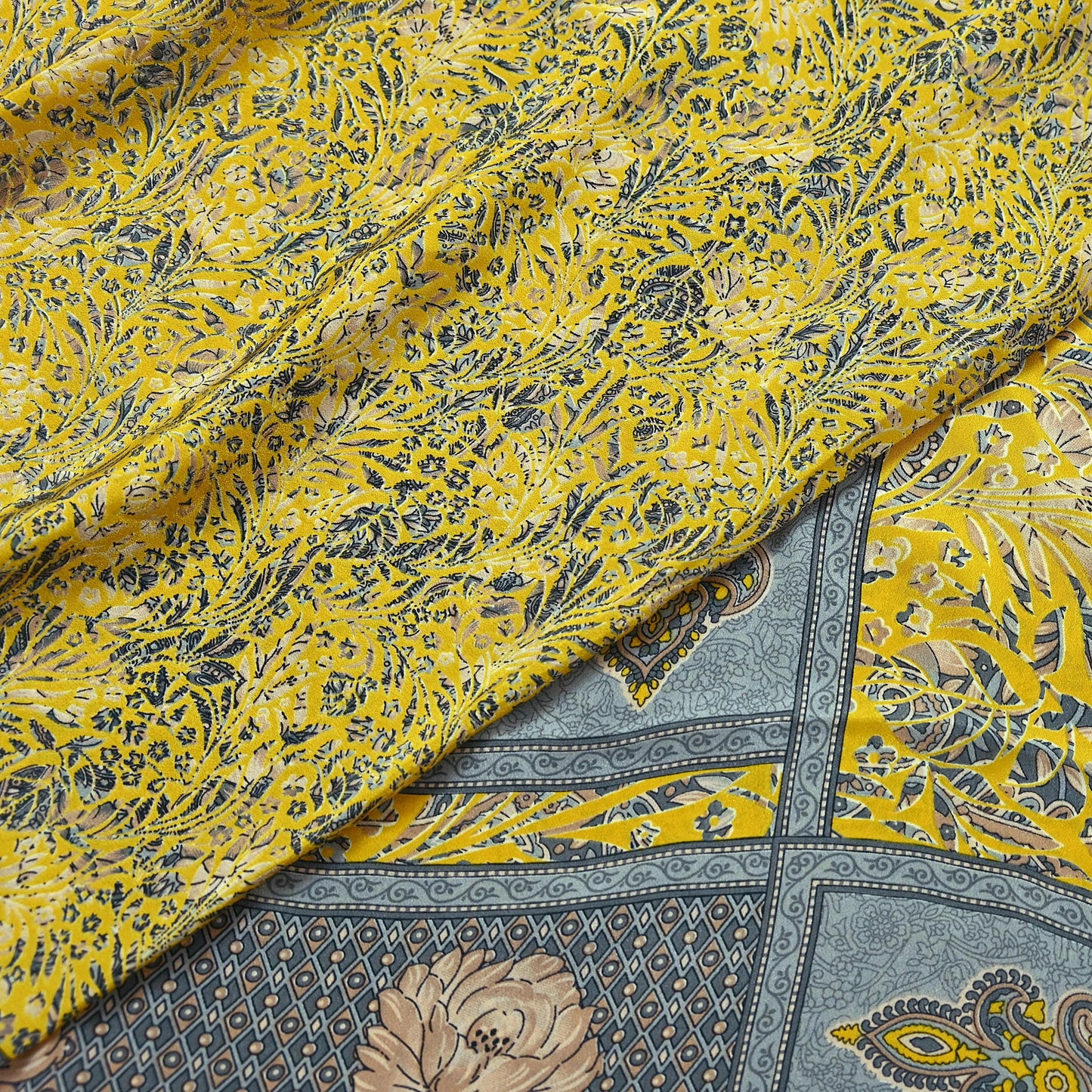 Indian Vintage Sari Yellow & Gray Moss Crepe Printed Sarees 6yd Craft Fabric Sewing Floral Soft Dress making Quilting Crafting Upcycle Used