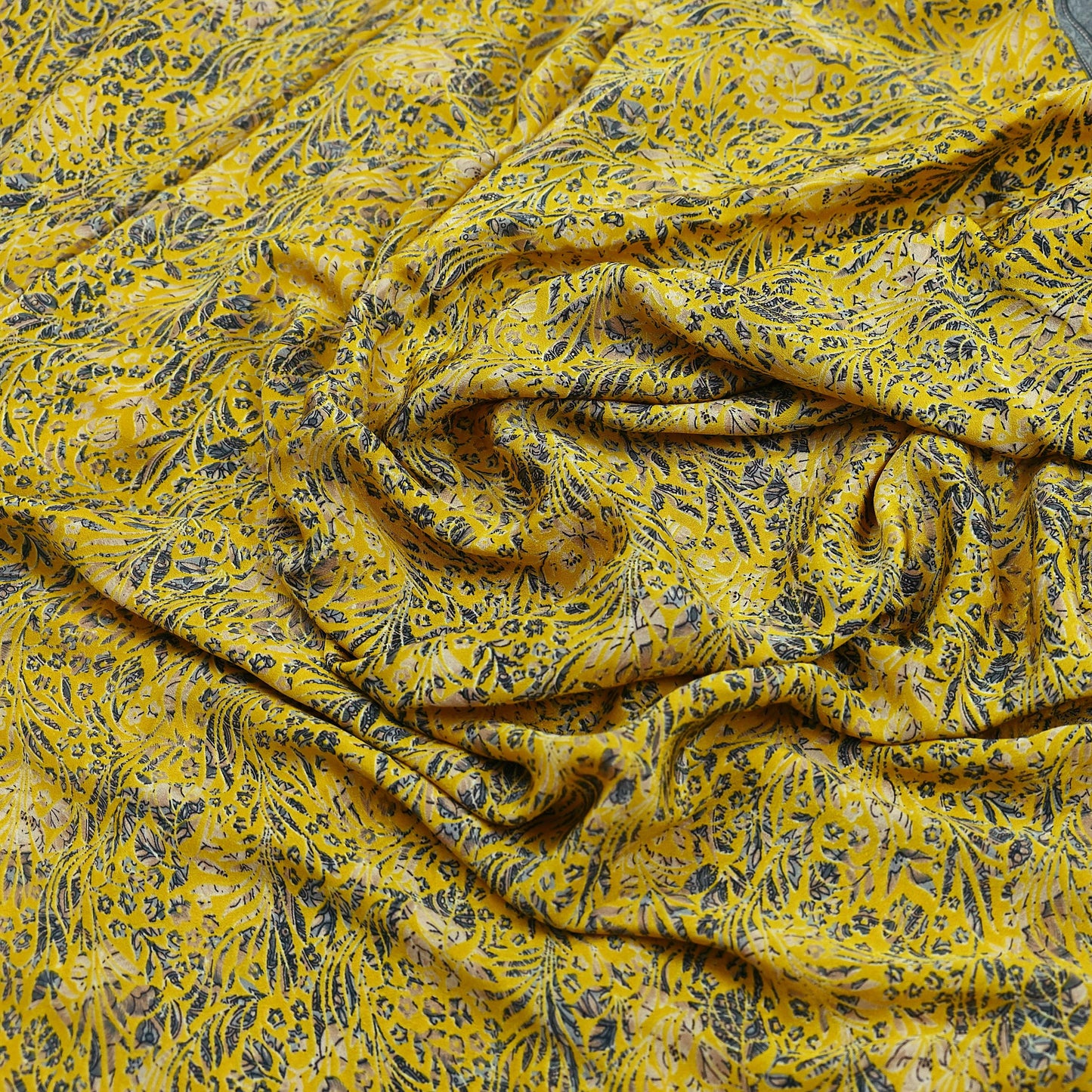Indian Vintage Sari Yellow & Gray Moss Crepe Printed Sarees 6yd Craft Fabric Sewing Floral Soft Dress making Quilting Crafting Upcycle Used