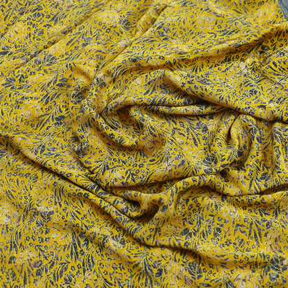 Indian Vintage Sari Yellow & Gray Moss Crepe Printed Sarees 6yd Craft Fabric Sewing Floral Soft Dress making Quilting Crafting Upcycle Used