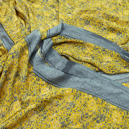 Indian Vintage Sari Yellow & Gray Moss Crepe Printed Sarees 6yd Craft Fabric Sewing Floral Soft Dress making Quilting Crafting Upcycle Used