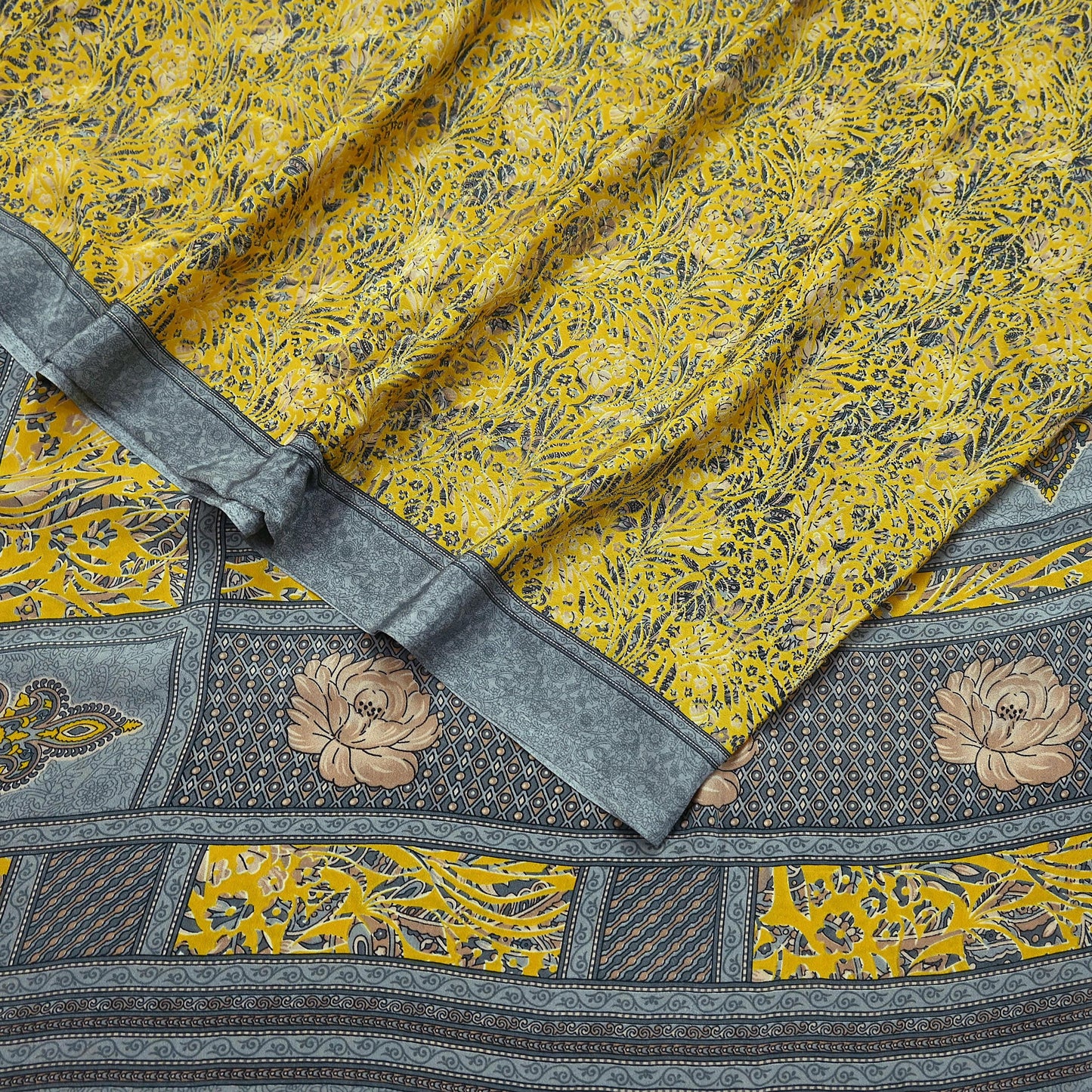 Indian Vintage Sari Yellow & Gray Moss Crepe Printed Sarees 6yd Craft Fabric Sewing Floral Soft Dress making Quilting Crafting Upcycle Used