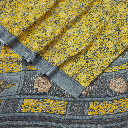 Indian Vintage Sari Yellow & Gray Moss Crepe Printed Sarees 6yd Craft Fabric Sewing Floral Soft Dress making Quilting Crafting Upcycle Used
