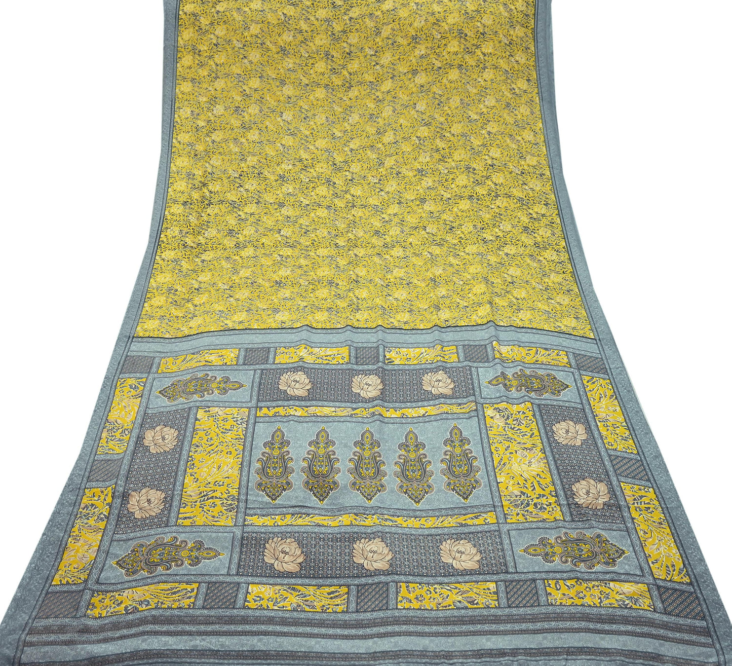 Indian Vintage Sari Yellow & Gray Moss Crepe Printed Sarees 6yd Craft Fabric Sewing Floral Soft Dress making Quilting Crafting Upcycle Used