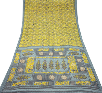 Indian Vintage Sari Yellow & Gray Moss Crepe Printed Sarees 6yd Craft Fabric Sewing Floral Soft Dress making Quilting Crafting Upcycle Used