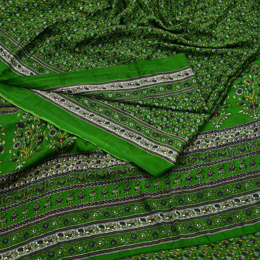 Indian Vintage Green Moss Crepe Printed Saree | Floral Design | 6 Yards | Soft Craft Fabric for Dressmaking, Décor, Quilting, & Upcycling