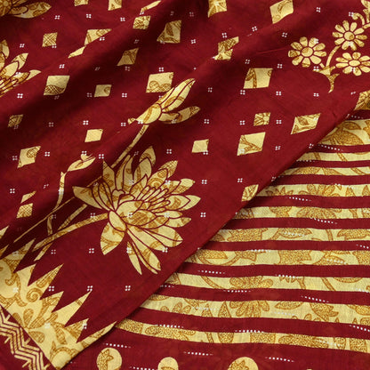 Indian Vintage Maroon Pure Cotton Printed Saree | Paisley & Floral Design | 5 Yards | Lightweight Craft Fabric for Sewing, Upcycling Soft