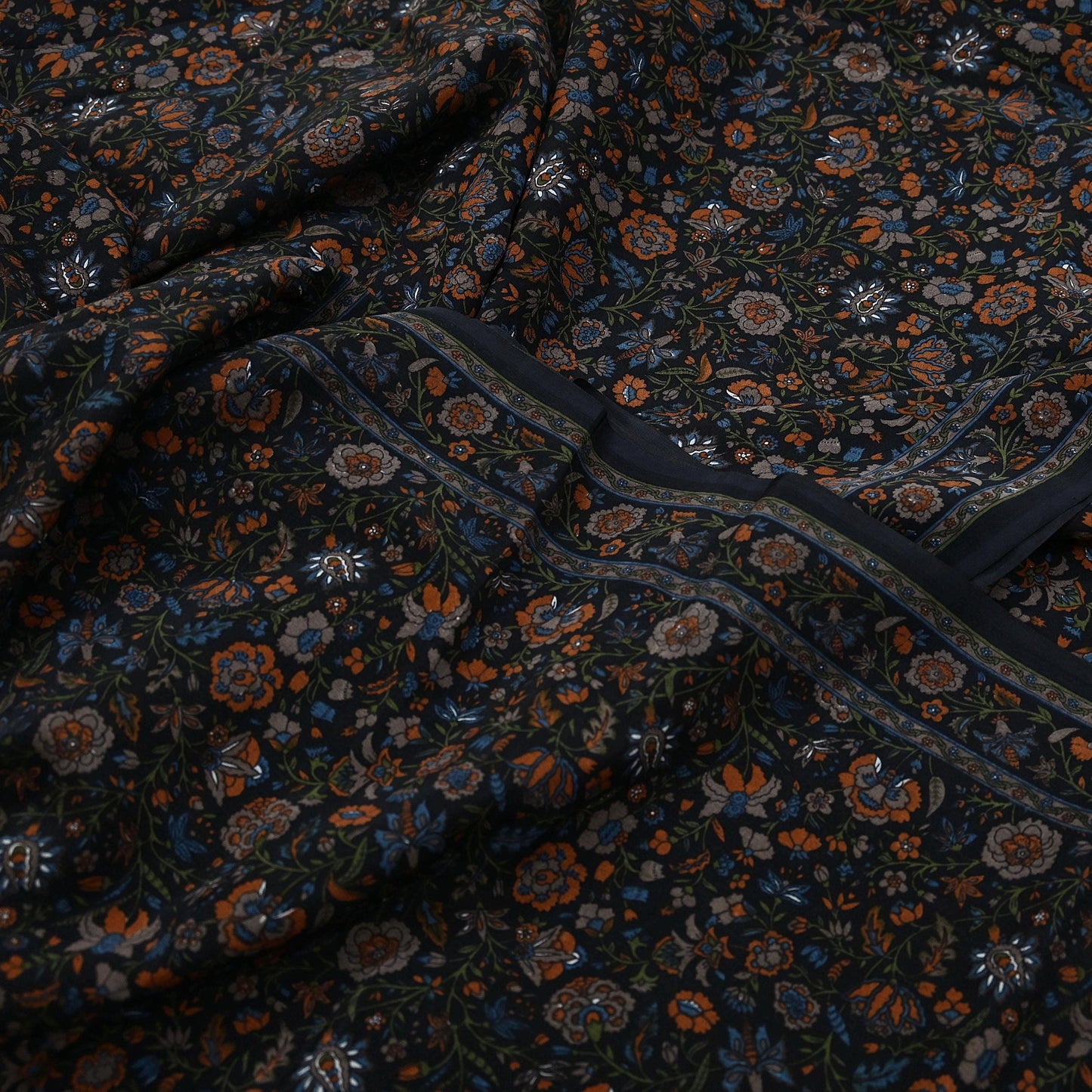 Indian Vintage Black Pure Crepe Silk Printed Saree | 5 Yards | Floral Craft Fabric | Soft Drape for Sewing, Dressmaking, Quilting &Upcycling