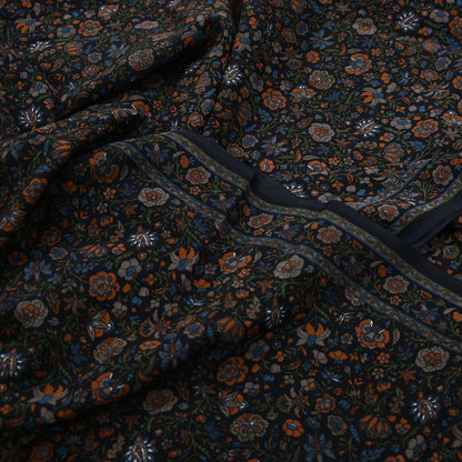 Indian Vintage Black Pure Crepe Silk Printed Saree | 5 Yards | Floral Craft Fabric | Soft Drape for Sewing, Dressmaking, Quilting &Upcycling