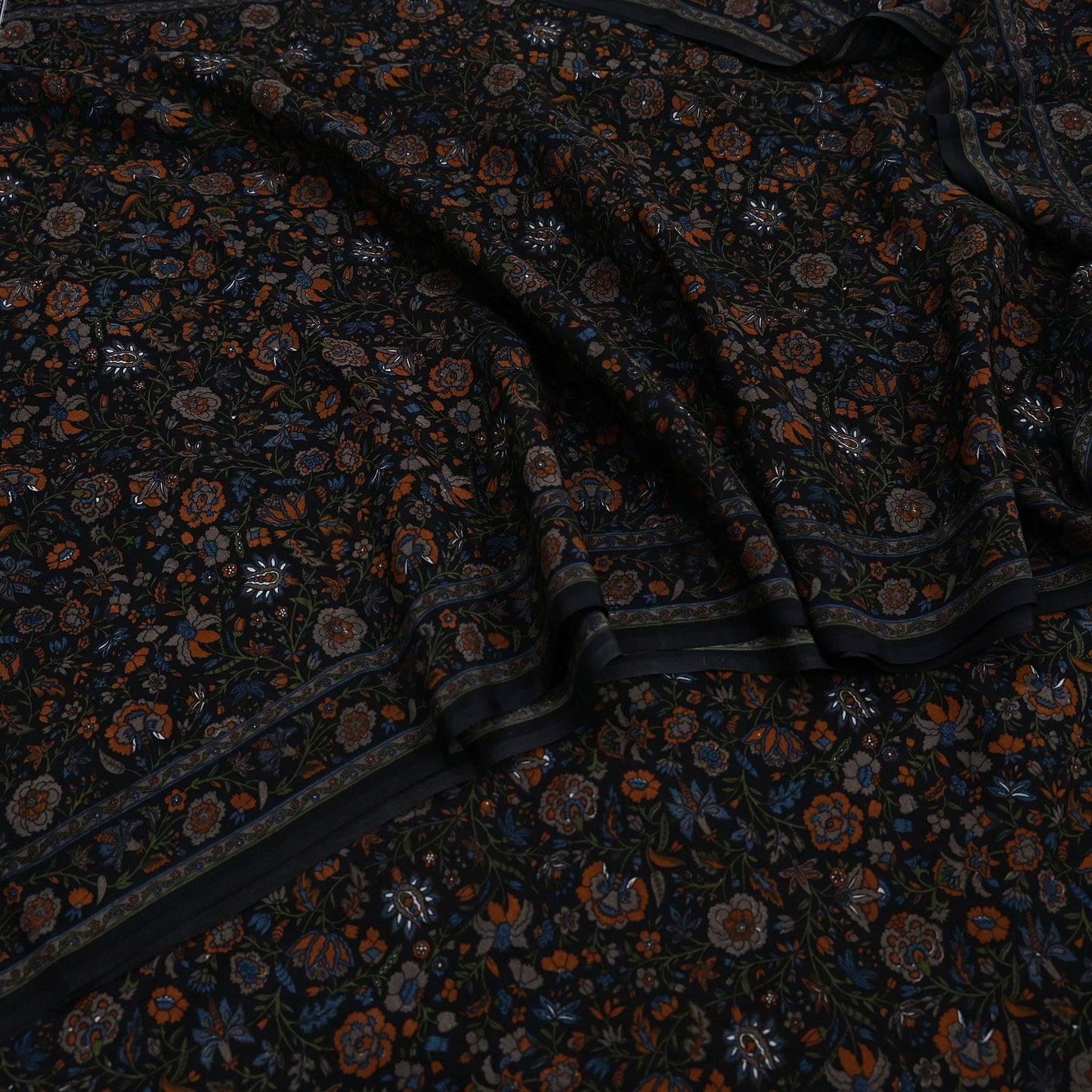 Indian Vintage Black Pure Crepe Silk Printed Saree | 5 Yards | Floral Craft Fabric | Soft Drape for Sewing, Dressmaking, Quilting &Upcycling