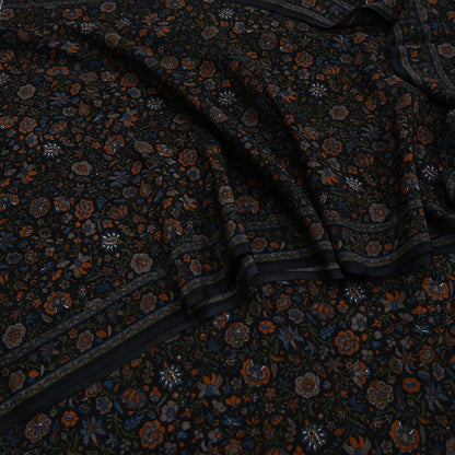 Indian Vintage Black Pure Crepe Silk Printed Saree | 5 Yards | Floral Craft Fabric | Soft Drape for Sewing, Dressmaking, Quilting &Upcycling