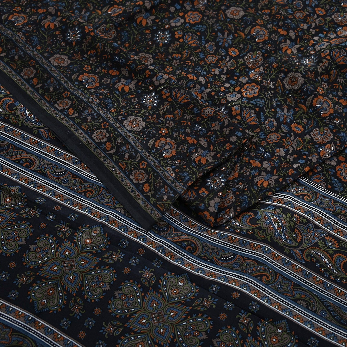 Indian Vintage Black Pure Crepe Silk Printed Saree | 5 Yards | Floral Craft Fabric | Soft Drape for Sewing, Dressmaking, Quilting &Upcycling