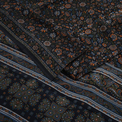 Indian Vintage Black Pure Crepe Silk Printed Saree | 5 Yards | Floral Craft Fabric | Soft Drape for Sewing, Dressmaking, Quilting &Upcycling
