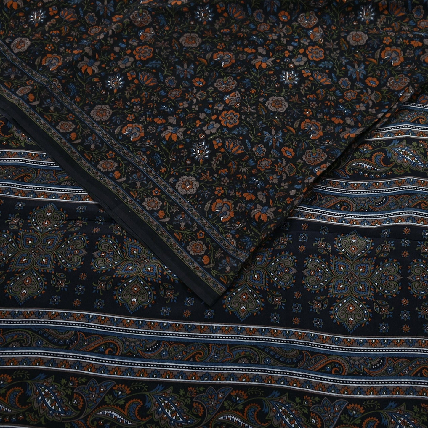 Indian Vintage Black Pure Crepe Silk Printed Saree | 5 Yards | Floral Craft Fabric | Soft Drape for Sewing, Dressmaking, Quilting &Upcycling