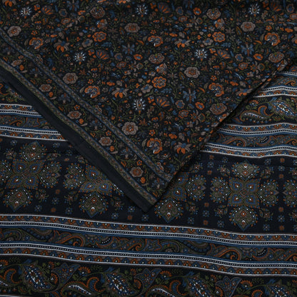 Indian Vintage Black Pure Crepe Silk Printed Saree | 5 Yards | Floral Craft Fabric | Soft Drape for Sewing, Dressmaking, Quilting &Upcycling