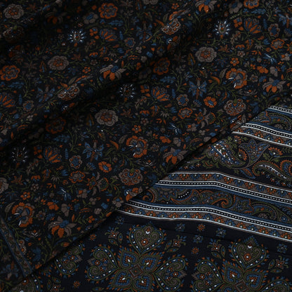 Indian Vintage Black Pure Crepe Silk Printed Saree | 5 Yards | Floral Craft Fabric | Soft Drape for Sewing, Dressmaking, Quilting &Upcycling
