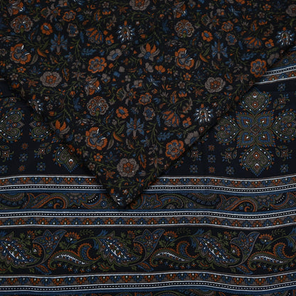 Indian Vintage Black Pure Crepe Silk Printed Saree | 5 Yards | Floral Craft Fabric | Soft Drape for Sewing, Dressmaking, Quilting &Upcycling