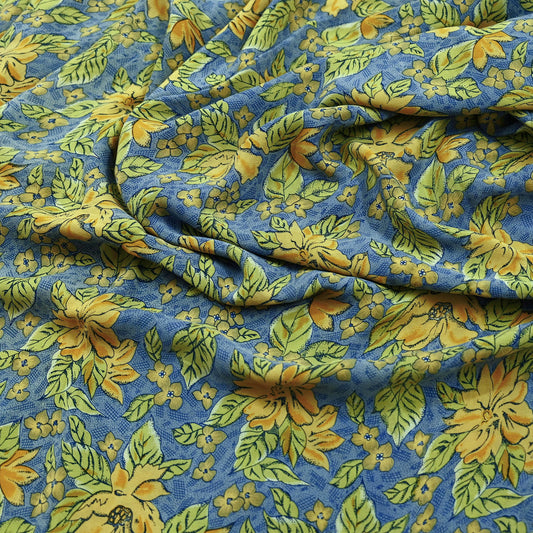 Indian Vintage Blue Pure Crepe Silk Printed Saree | 5 Yards | Floral Craft Fabric | Soft Drape for Sewing, Dressmaking, Quilting &Upcycling