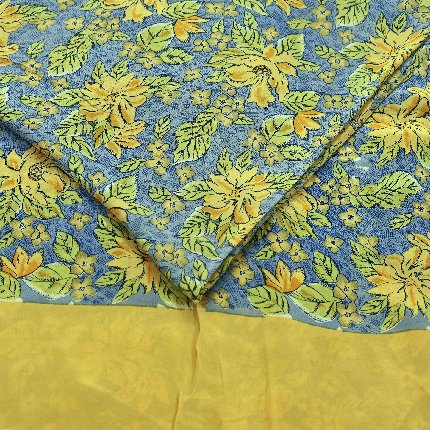 Indian Vintage Blue Pure Crepe Silk Printed Saree | 5 Yards | Floral Craft Fabric | Soft Drape for Sewing, Dressmaking, Quilting &Upcycling