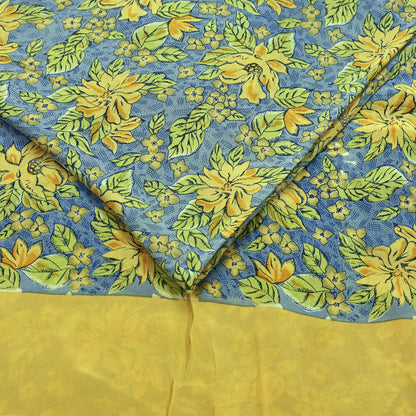 Indian Vintage Blue Pure Crepe Silk Printed Saree | 5 Yards | Floral Craft Fabric | Soft Drape for Sewing, Dressmaking, Quilting &Upcycling