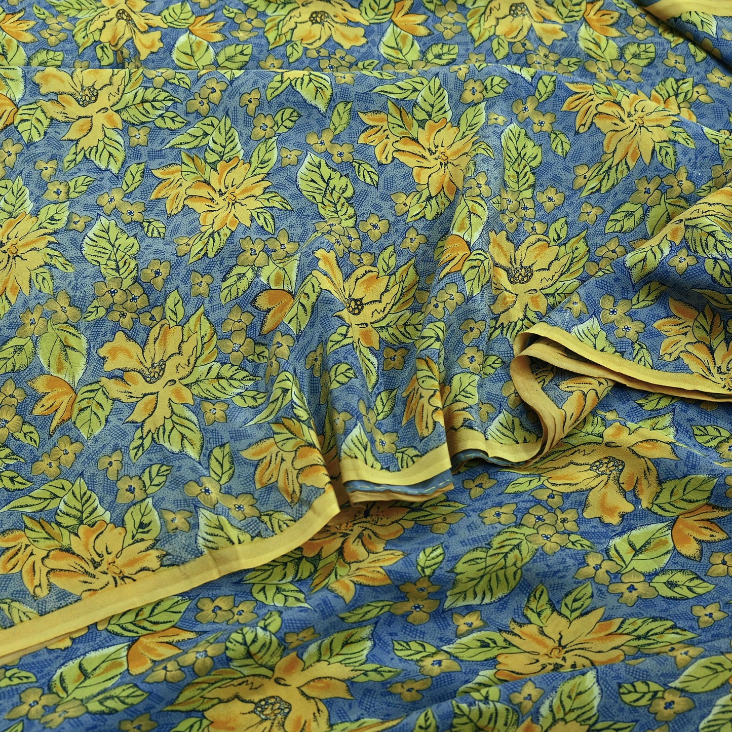 Indian Vintage Blue Pure Crepe Silk Printed Saree | 5 Yards | Floral Craft Fabric | Soft Drape for Sewing, Dressmaking, Quilting &Upcycling