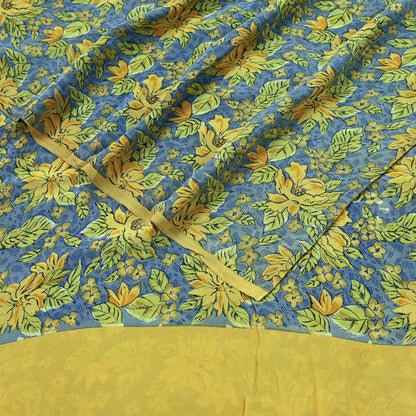 Indian Vintage Blue Pure Crepe Silk Printed Saree | 5 Yards | Floral Craft Fabric | Soft Drape for Sewing, Dressmaking, Quilting &Upcycling