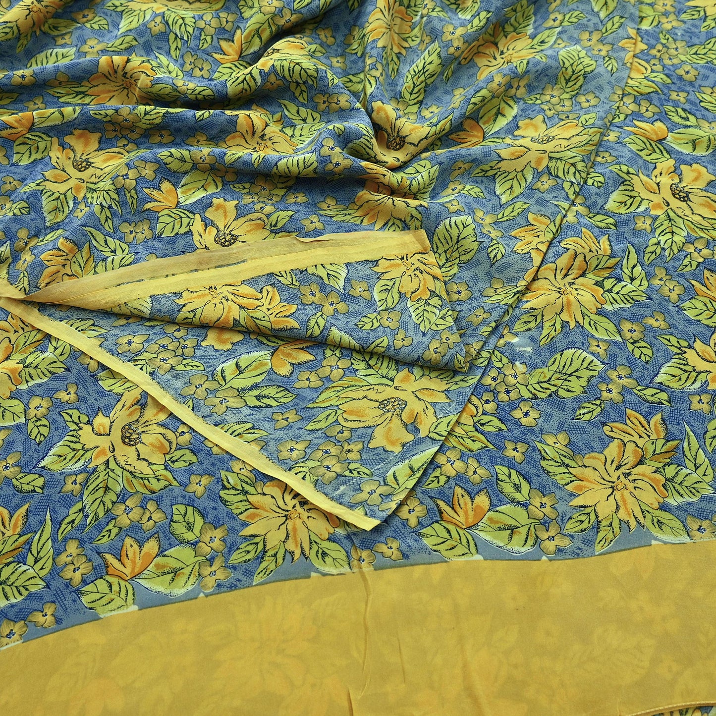 Indian Vintage Blue Pure Crepe Silk Printed Saree | 5 Yards | Floral Craft Fabric | Soft Drape for Sewing, Dressmaking, Quilting &Upcycling