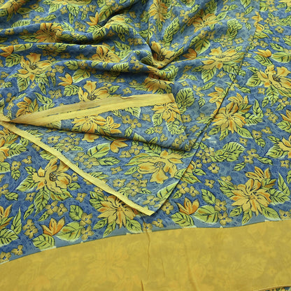 Indian Vintage Blue Pure Crepe Silk Printed Saree | 5 Yards | Floral Craft Fabric | Soft Drape for Sewing, Dressmaking, Quilting &Upcycling
