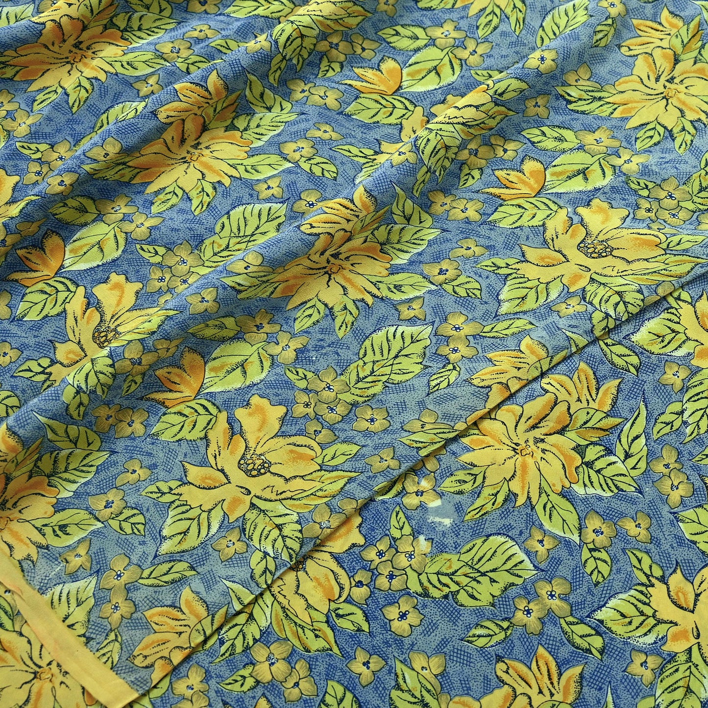 Indian Vintage Blue Pure Crepe Silk Printed Saree | 5 Yards | Floral Craft Fabric | Soft Drape for Sewing, Dressmaking, Quilting &Upcycling