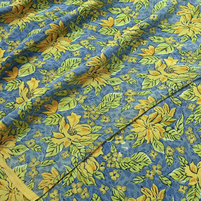 Indian Vintage Blue Pure Crepe Silk Printed Saree | 5 Yards | Floral Craft Fabric | Soft Drape for Sewing, Dressmaking, Quilting &Upcycling