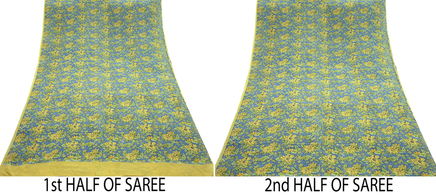 Indian Vintage Blue Pure Crepe Silk Printed Saree | 5 Yards | Floral Craft Fabric | Soft Drape for Sewing, Dressmaking, Quilting &Upcycling