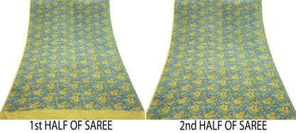 Indian Vintage Blue Pure Crepe Silk Printed Saree | 5 Yards | Floral Craft Fabric | Soft Drape for Sewing, Dressmaking, Quilting &Upcycling
