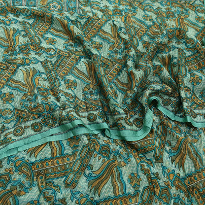 Indian Vintage Green Pure Silk Saree | Printed Floral & Striped Design | 5 Yards | Soft Craft Fabric for Dressmaking, Quilting,  Upcycling