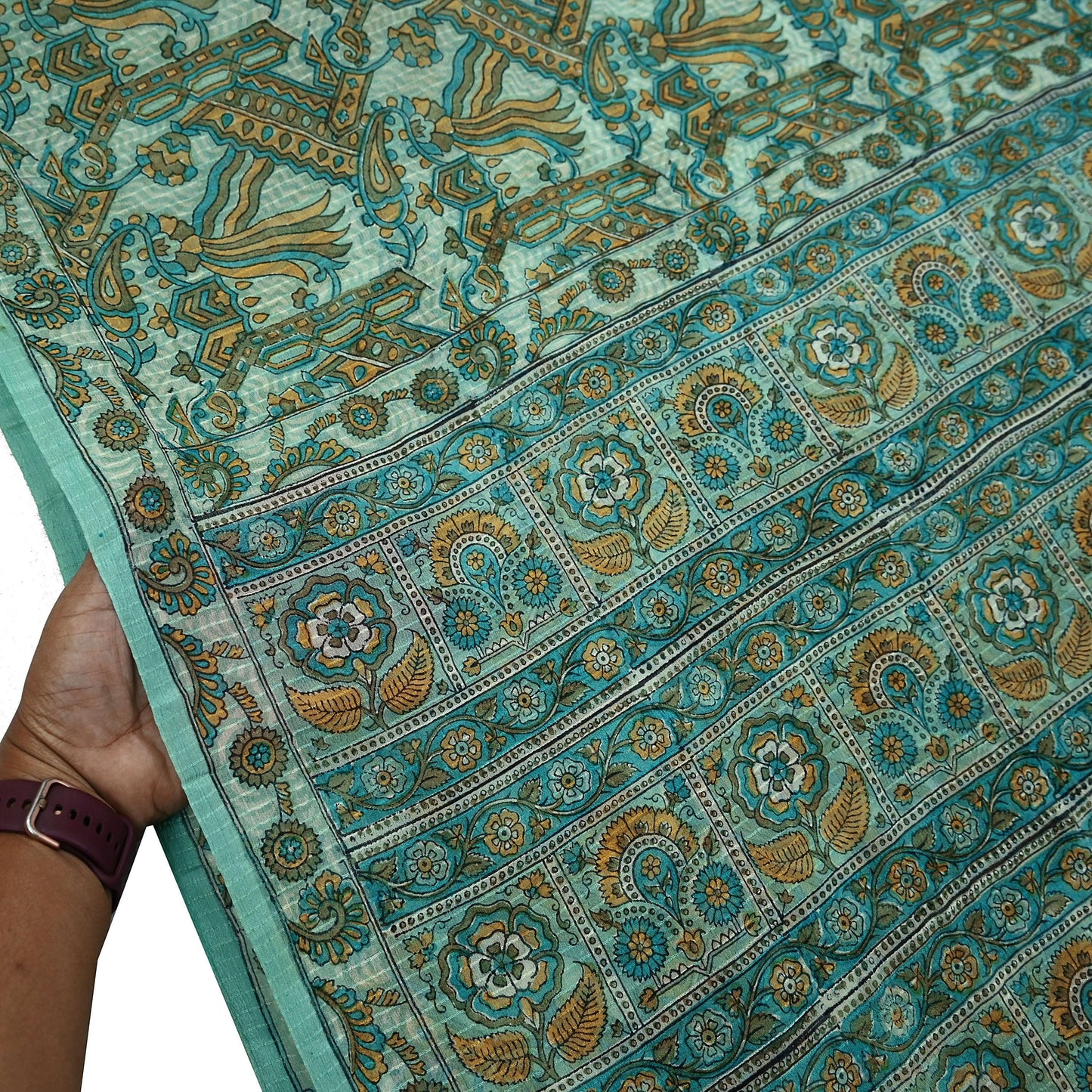 Indian Vintage Green Pure Silk Saree | Printed Floral & Striped Design | 5 Yards | Soft Craft Fabric for Dressmaking, Quilting,  Upcycling