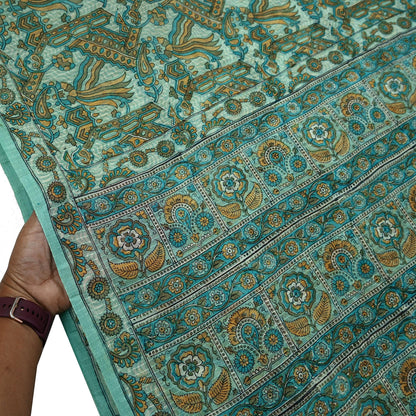 Indian Vintage Green Pure Silk Saree | Printed Floral & Striped Design | 5 Yards | Soft Craft Fabric for Dressmaking, Quilting,  Upcycling