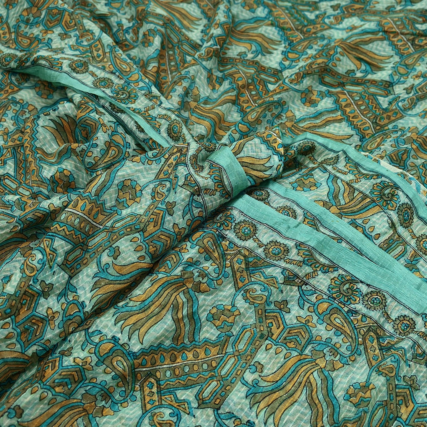 Indian Vintage Green Pure Silk Saree | Printed Floral & Striped Design | 5 Yards | Soft Craft Fabric for Dressmaking, Quilting,  Upcycling