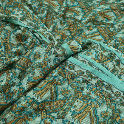 Indian Vintage Green Pure Silk Saree | Printed Floral & Striped Design | 5 Yards | Soft Craft Fabric for Dressmaking, Quilting,  Upcycling