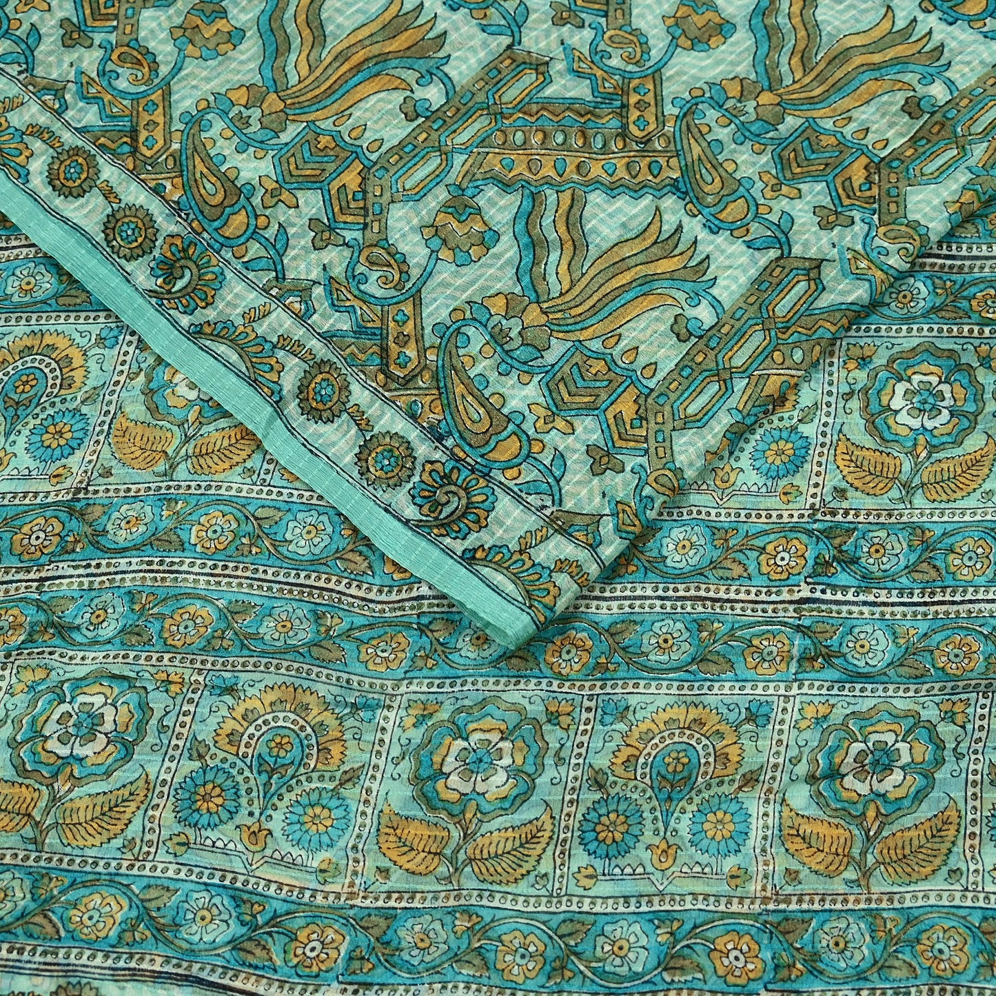Indian Vintage Green Pure Silk Saree | Printed Floral & Striped Design | 5 Yards | Soft Craft Fabric for Dressmaking, Quilting,  Upcycling