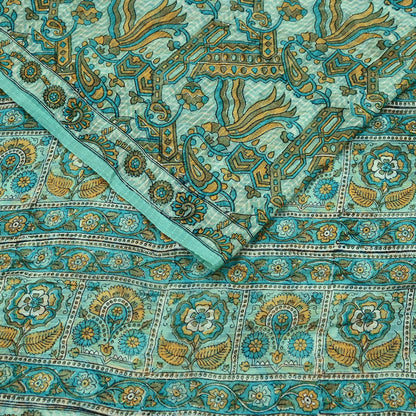 Indian Vintage Green Pure Silk Saree | Printed Floral & Striped Design | 5 Yards | Soft Craft Fabric for Dressmaking, Quilting,  Upcycling