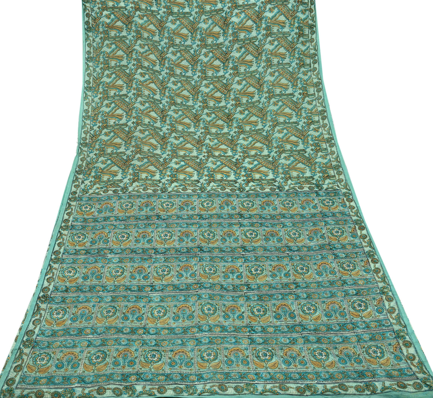 Indian Vintage Green Pure Silk Saree | Printed Floral & Striped Design | 5 Yards | Soft Craft Fabric for Dressmaking, Quilting,  Upcycling