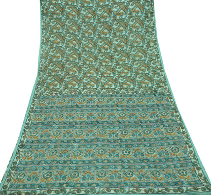 Indian Vintage Green Pure Silk Saree | Printed Floral & Striped Design | 5 Yards | Soft Craft Fabric for Dressmaking, Quilting,  Upcycling