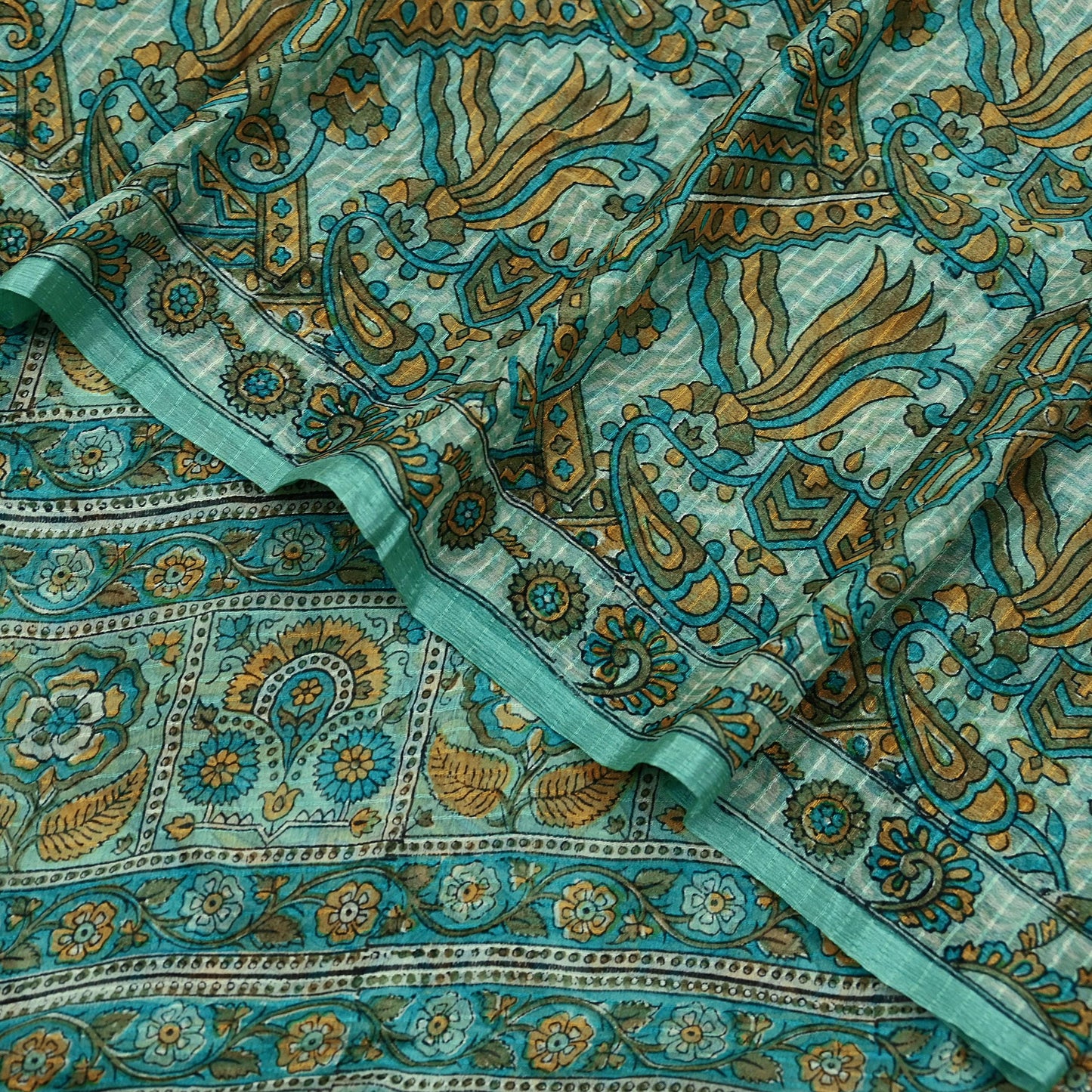 Indian Vintage Green Pure Silk Saree | Printed Floral & Striped Design | 5 Yards | Soft Craft Fabric for Dressmaking, Quilting,  Upcycling