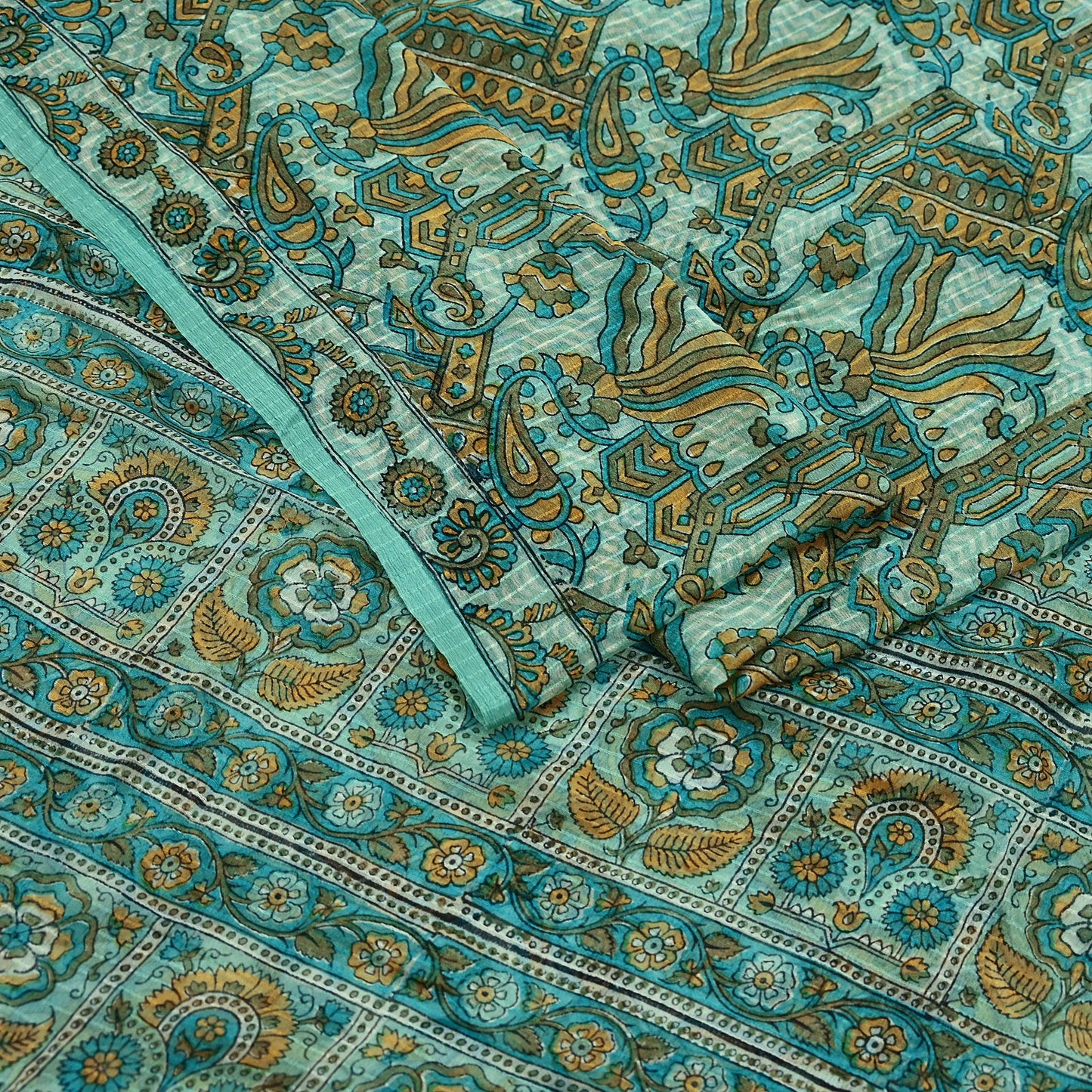 Indian Vintage Green Pure Silk Saree | Printed Floral & Striped Design | 5 Yards | Soft Craft Fabric for Dressmaking, Quilting,  Upcycling