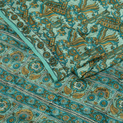 Indian Vintage Green Pure Silk Saree | Printed Floral & Striped Design | 5 Yards | Soft Craft Fabric for Dressmaking, Quilting,  Upcycling