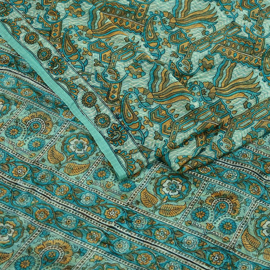 Indian Vintage Green Pure Silk Saree | Printed Floral & Striped Design | 5 Yards | Soft Craft Fabric for Dressmaking, Quilting,  Upcycling