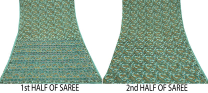 Indian Vintage Green Pure Silk Saree | Printed Floral & Striped Design | 5 Yards | Soft Craft Fabric for Dressmaking, Quilting,  Upcycling