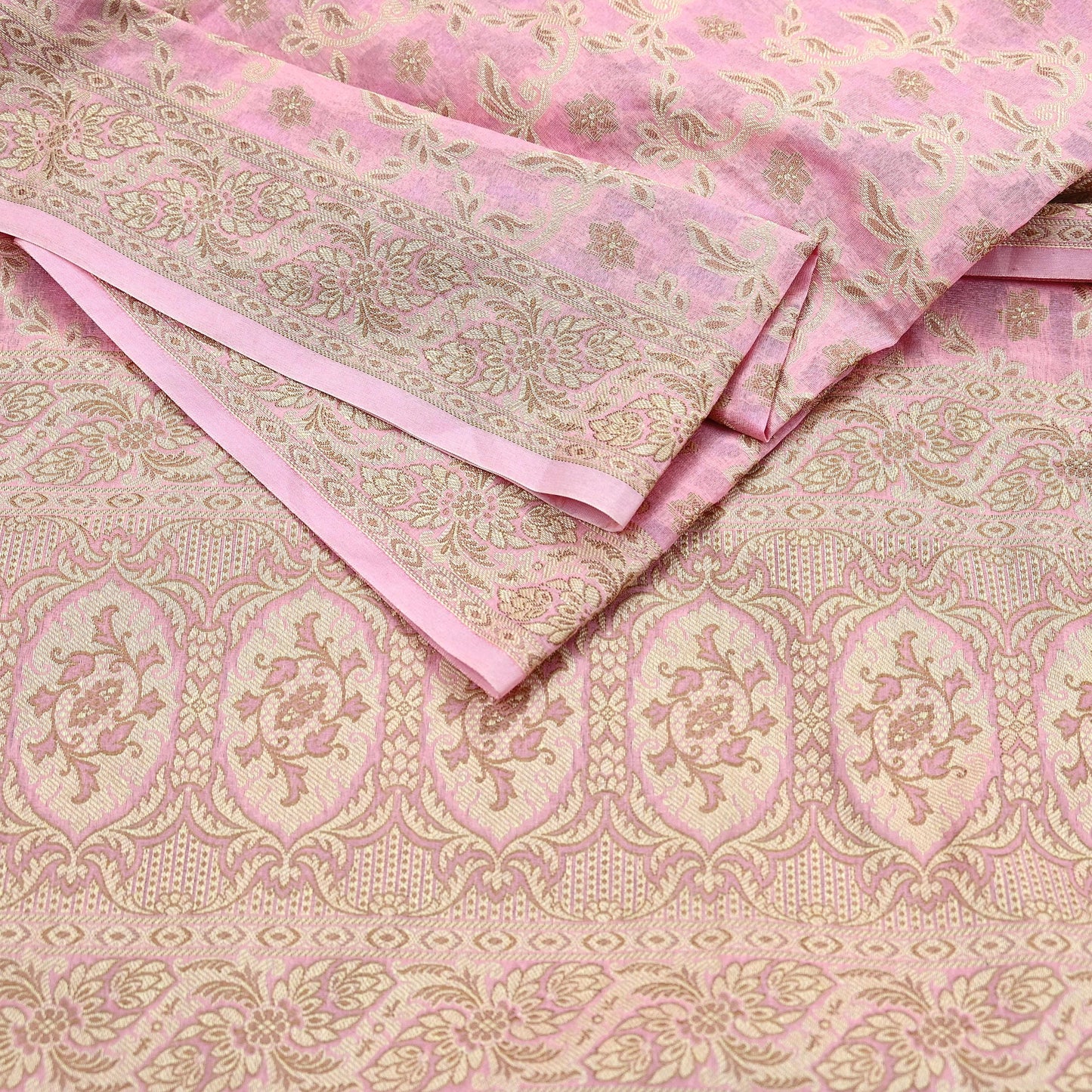 Indian Vintage Pink Dupatta Long Stole Woven Cotton Scarves Veil Golden Zari Soft Floral Design Wrap Boho Upcycle For Designing